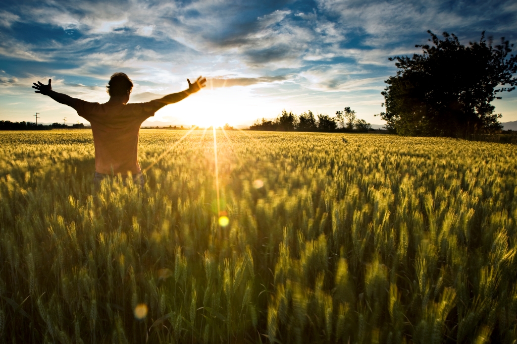 Man in sunshine, feeling happy and free with arms up in sky